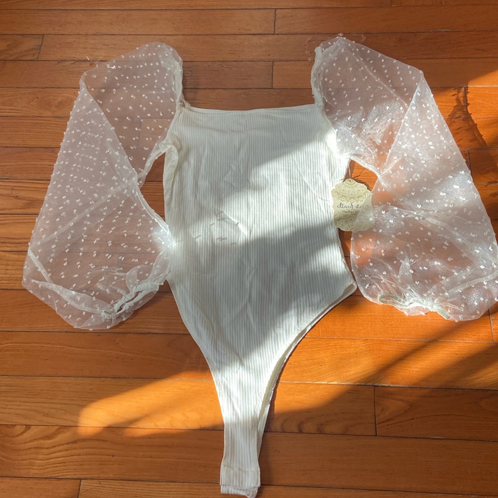 Altar'd State Ivory Bodysuit with Sheer Puff Sleeves